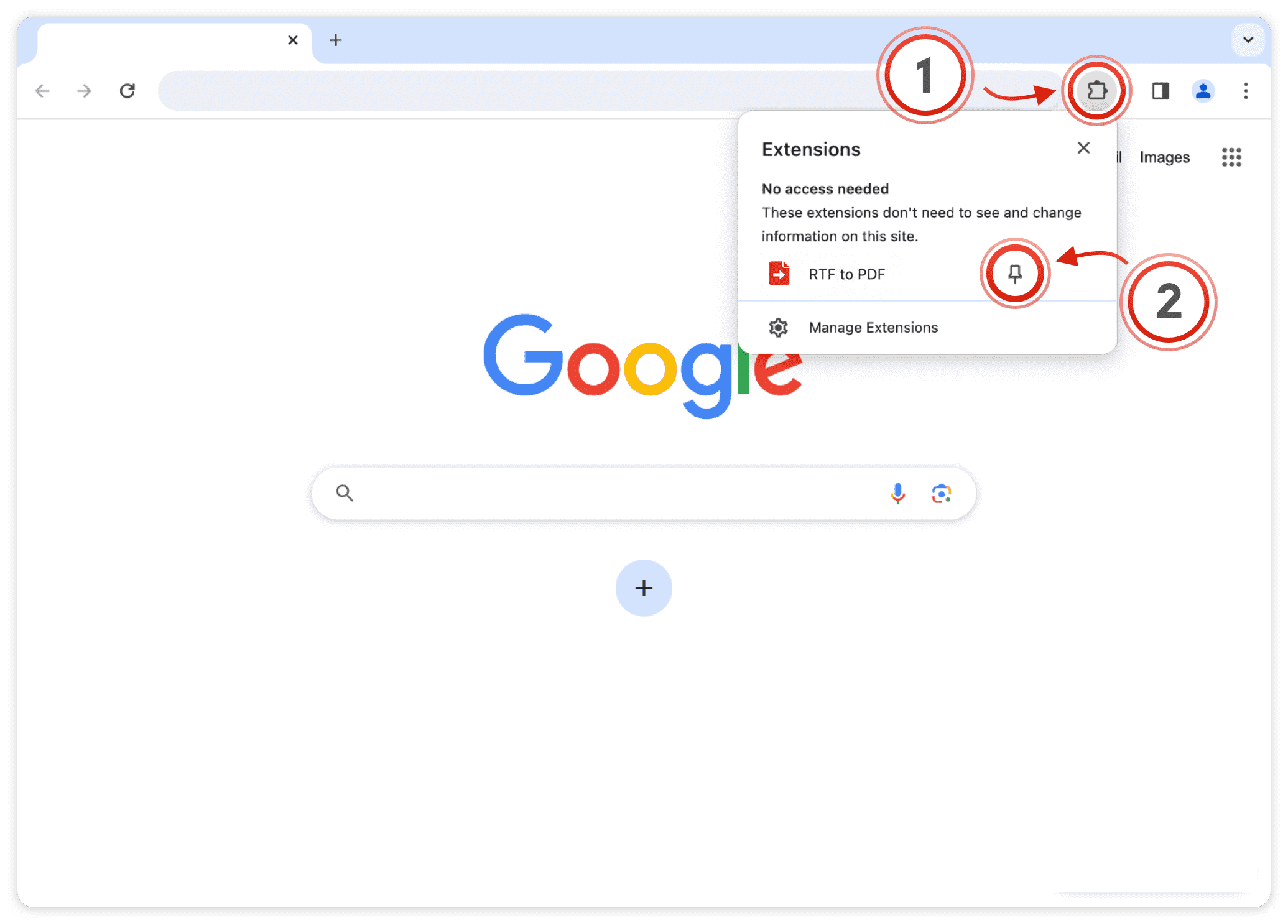 Chrome toolbar: the puzzle piece icon (1) opens the Extensions menu, the pin (2) keeps RTF to PDF on the toolbar