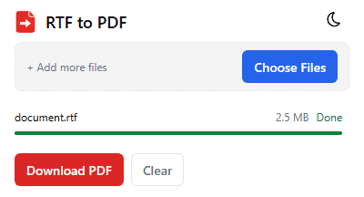 RTF to PDF popup with the Download PDF button