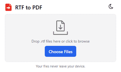 RTF to PDF popup with the drop zone